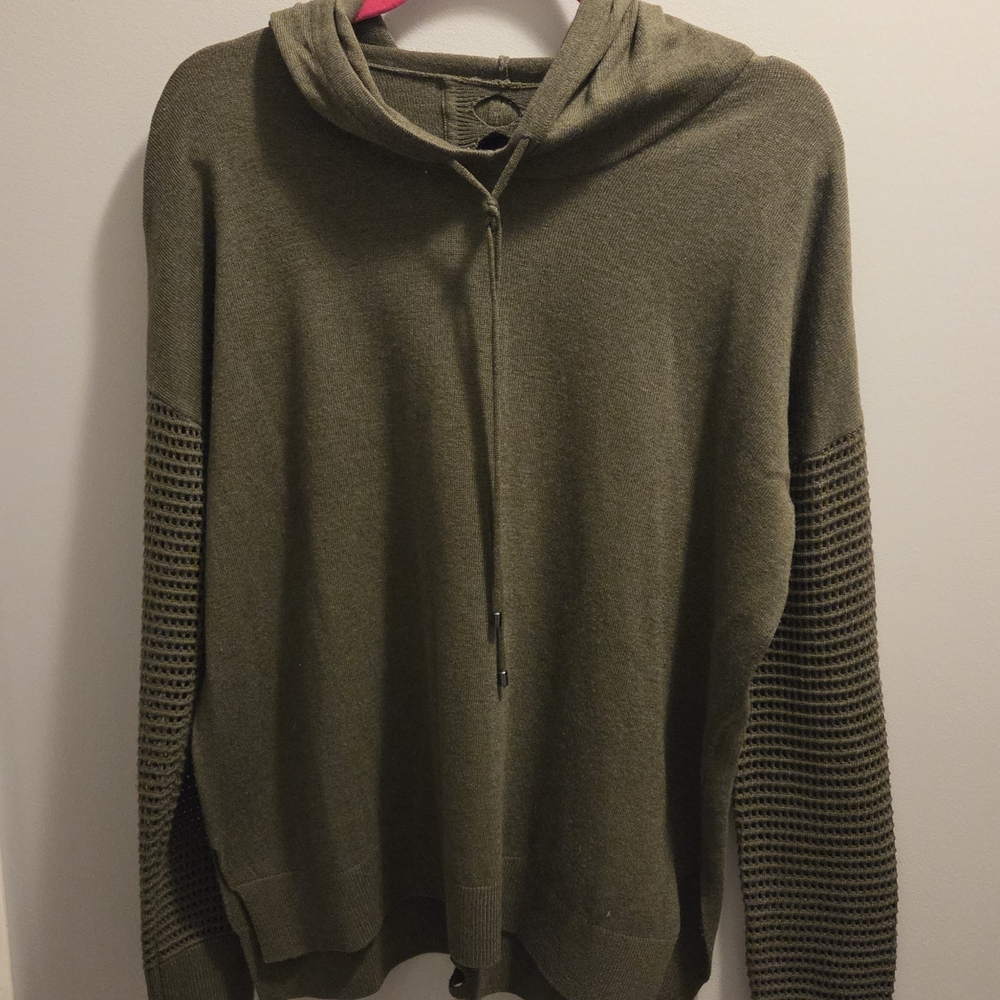 Women's Olive Hooded Sweater with Textured Sleeves and Thumb Holes